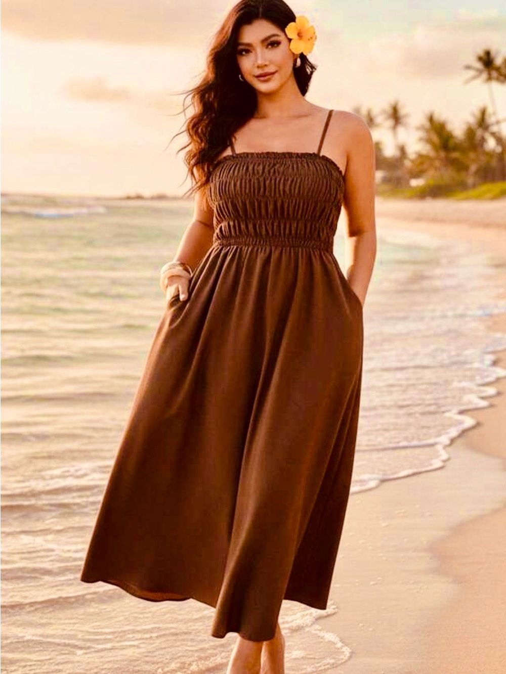 Brown Smocked Sundress with Spaghetti Straps